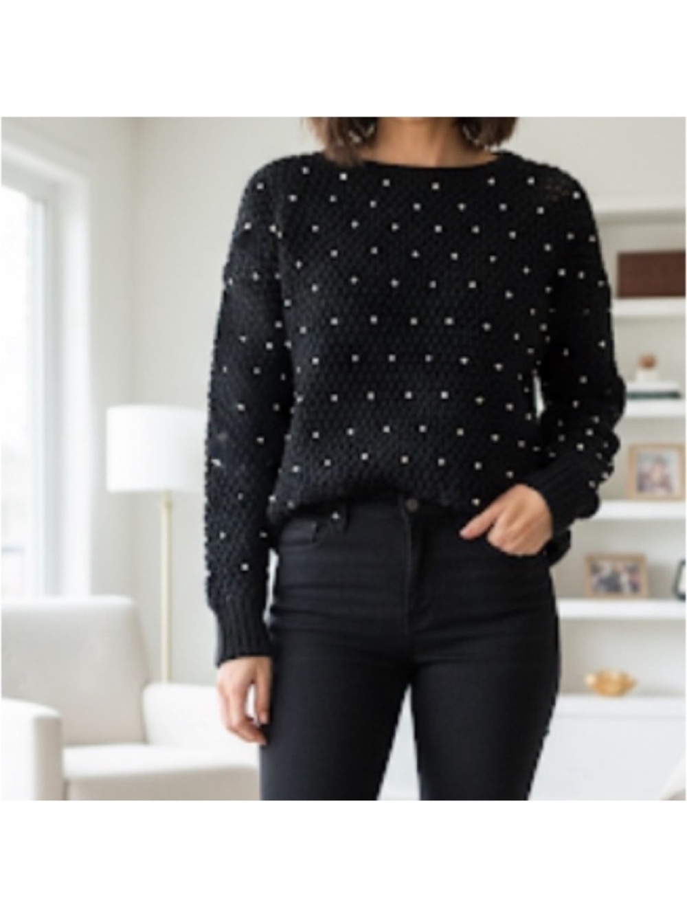 Alice + Olivia Wool Knit Rhinestone Sweater Size Small Black
